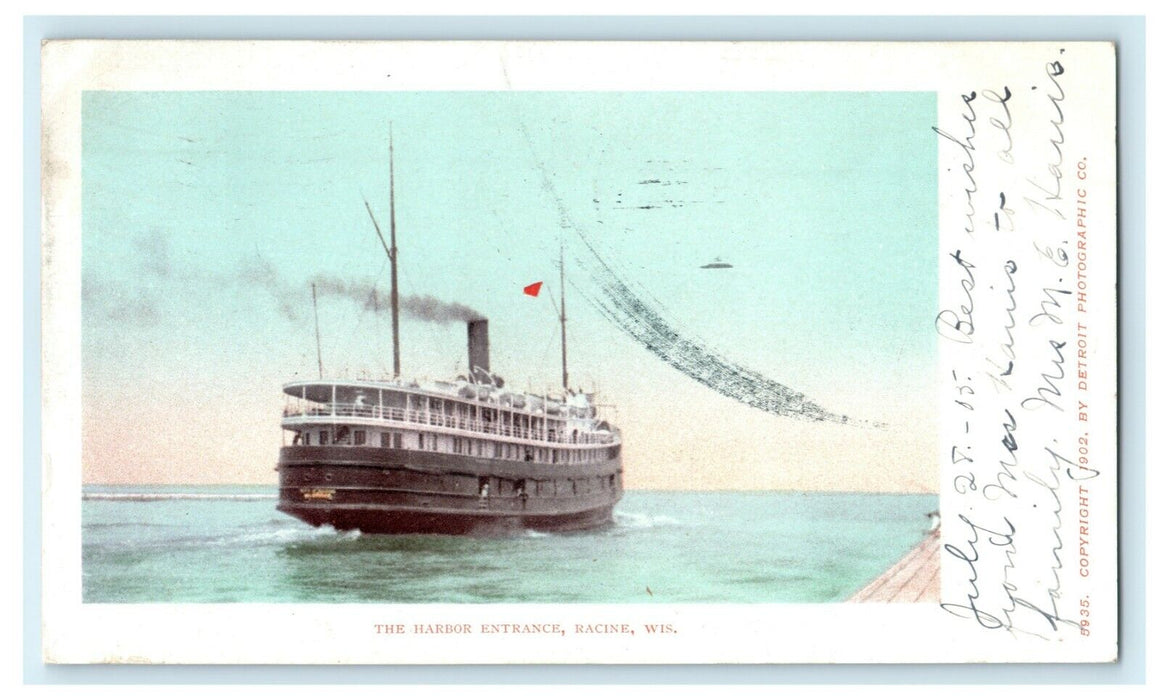 1905 Harbor Entrance Racine Wisconsin WI Steamer Posted Antique Postcard