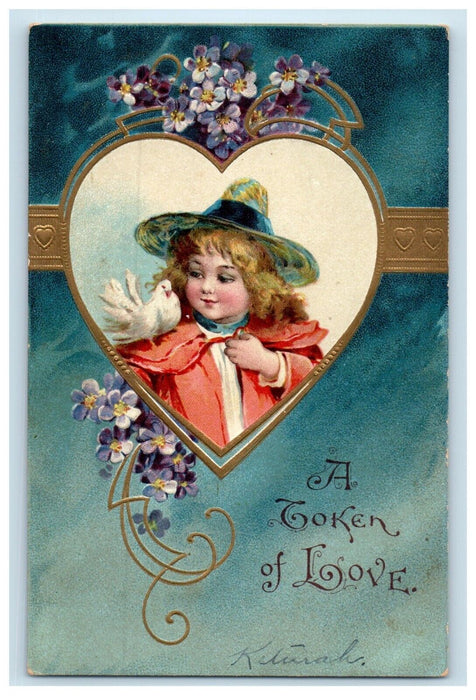 1908 Valentine Little Girl In Gold Heart Dove And Pansies Flowers Postcard