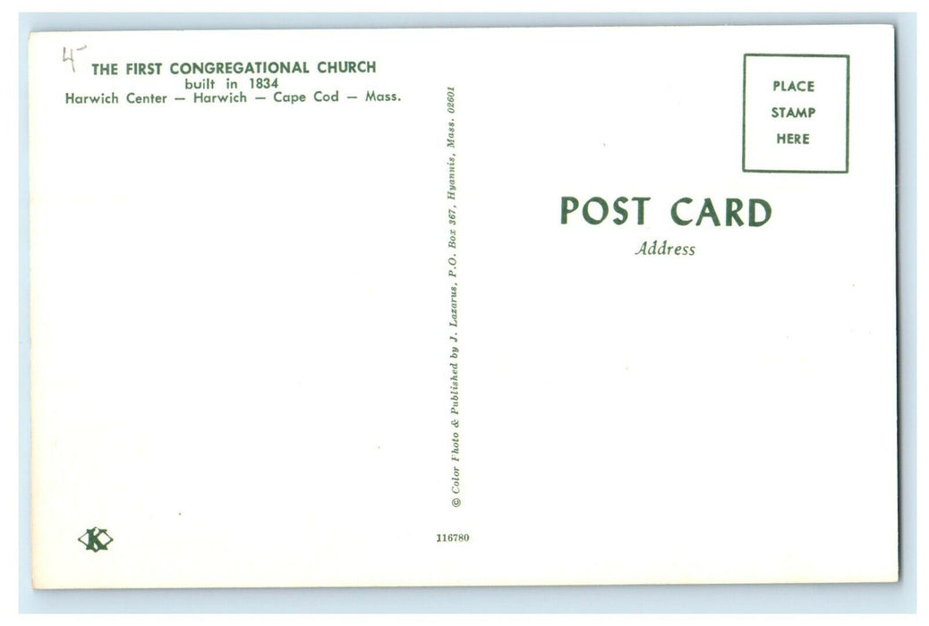 c1949 The First Congregational Church, Cape Cod Massachusetts MA Postcard