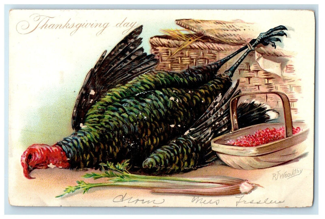 c1910's Thanksgiving Tukey For Dinner Basket Embossed RJ Wealthy Tuck's Postcard