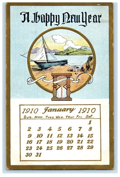 1909 New Year Hourglass Sea Boat Calendar Posted Antique Postcard