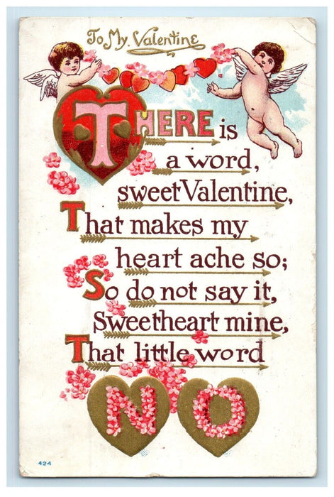 1912 Valentine Angels Cupid With Hearts And Pansies Flowers Antique Postcard