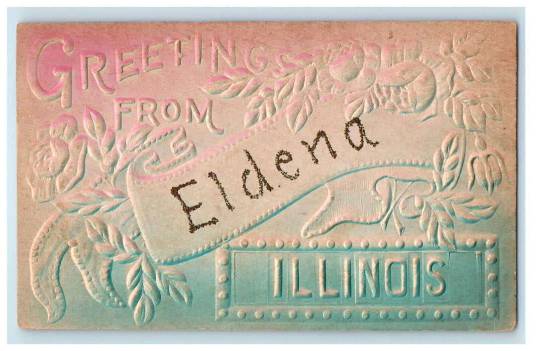 c1910 Greetings from Eldena Illinois IL Embossed Airbrush Posted Postcard