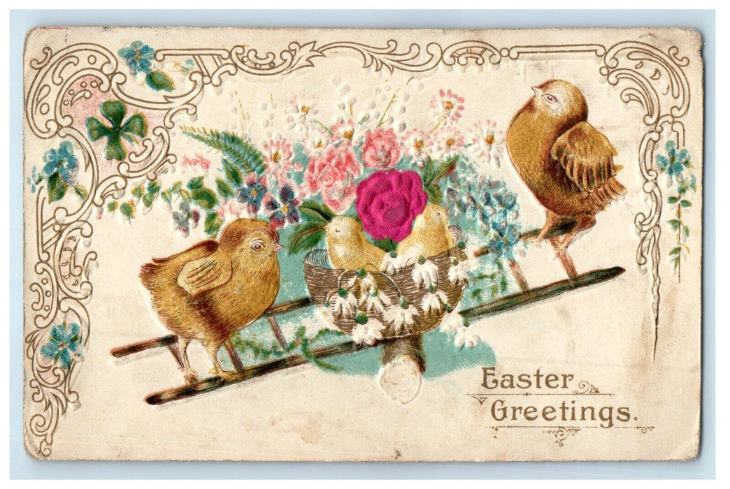 1910 Easter Greetings Chicks Basket Nest Ladder Embossed Silk Antique Postcard