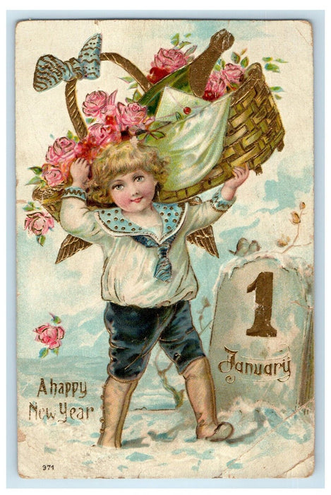 1906 New Year January 1 Angel Carrying Basket Flowers Ribbon Embossed Postcard