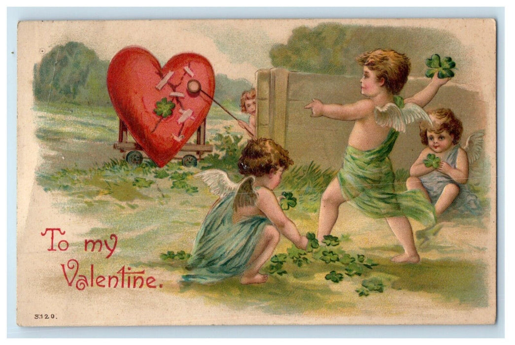 1910 Valentine Shiriken Throwing Stars Shamrock Big Heart In Cart Postcard