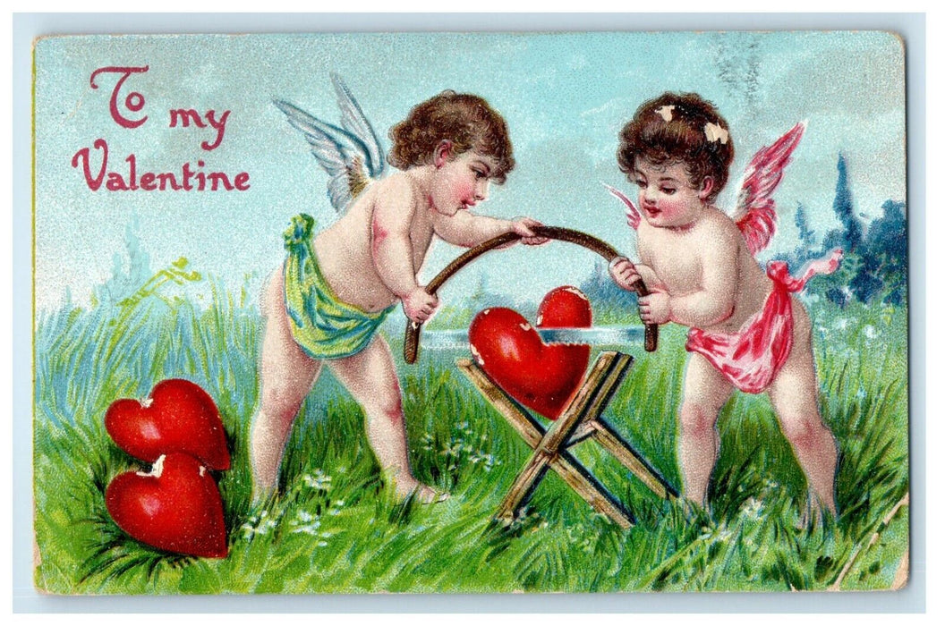 1913 Valentine Angels Cupid Sawing Heart Lumber Embossed Antique Postcard