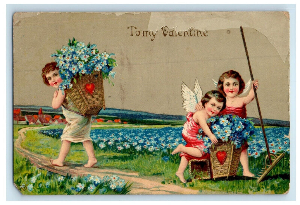 1911 Valentine Angel Cherubs Carrying Basket Of Pansies Flowers Antique Postcard