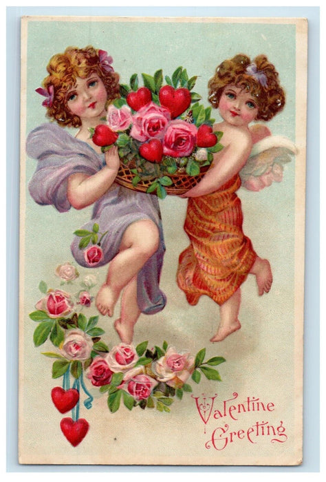 1908 Valentine Greetings Two Angels With Basket Flowers Heart Embossed Postcard