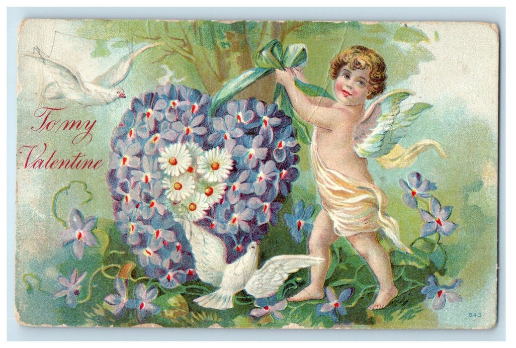 c1910's Valentine Angel Cupid Pansies Flowers Ribbon Embossed Antique Postcard