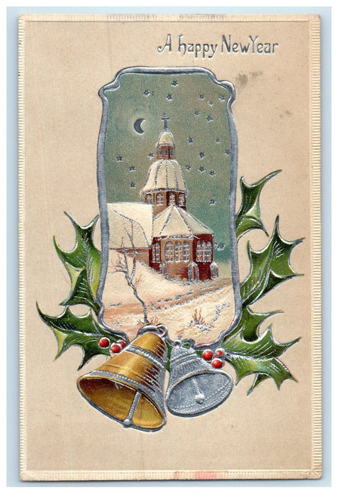 1908 New Year Holly Bell Church Covered Snow Winter Crescent Stars Postcard