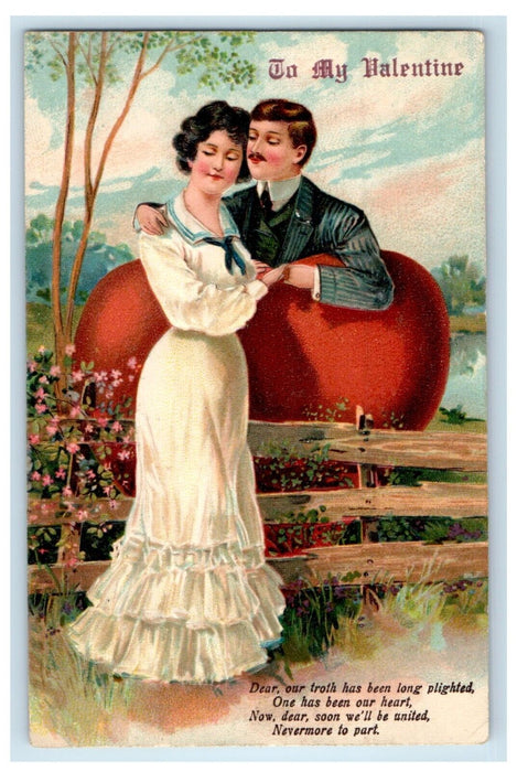 c1910's Valentine Sweet Couple Romance Giant Heart Fence Flowers Postcard