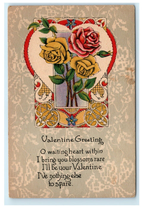 c1920's Valentine Roses Art Deco Antique Unposted Postcard