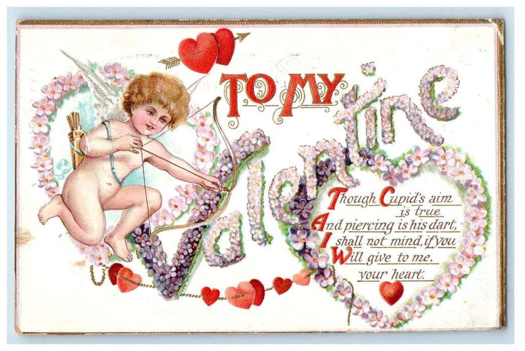 1911 Valentine Angel Cupid Bow And Arrow Pansies Flowers Embossed Postcard