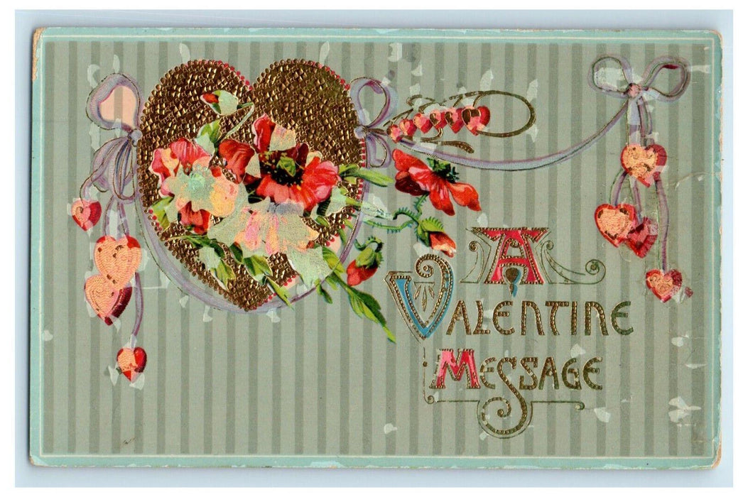 1912 Valentine Heart Flowers And Ribbon Gel Gold Gilt Embossed Antique Postcard