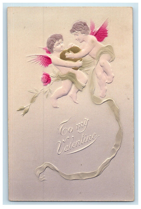 1921 Valentine Floating Angels Cupid Heart And Flower Embossed Antique Postcard