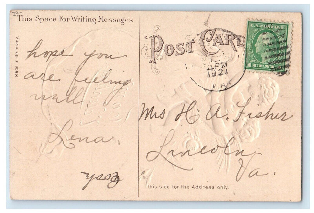 1921 Valentine Floating Angels Cupid Heart And Flower Embossed Antique Postcard