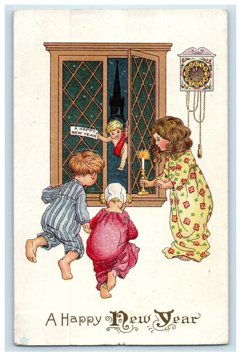 c1910's New Year Greetings From Cherub Angel Mother Children Candle Postcard