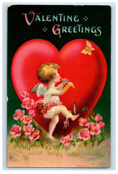 1911 Valentine Greetings Big Hearts Angel Flute Flowers Heart Embossed Postcard