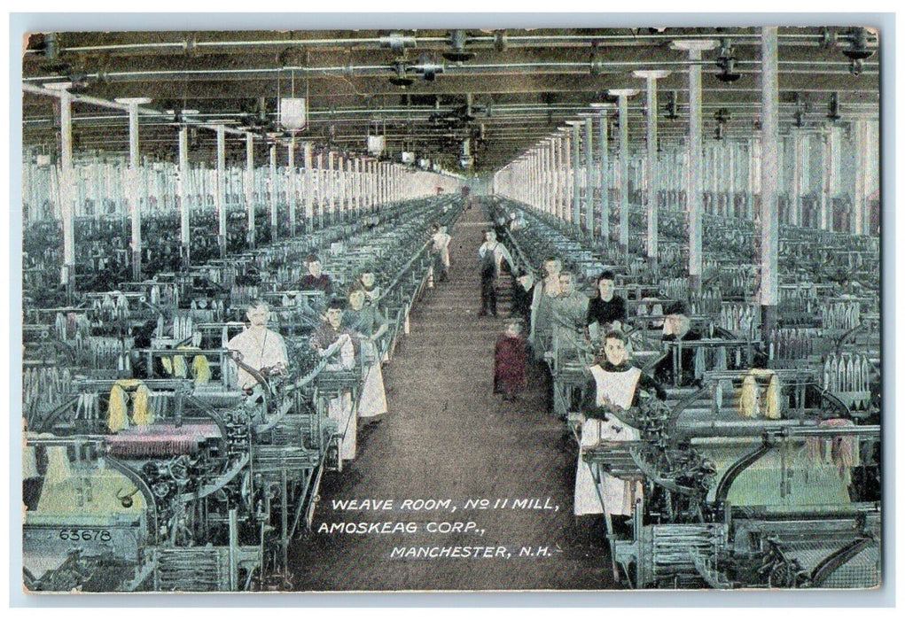 c1910's Weave Room Mill Amoskeag Corp. Interior Workers Manchester NH Postcard