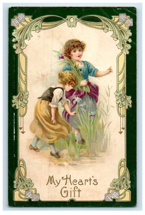 1908 Valentine Mother And Daughter Picking Flowers Embossed Antique Postcard