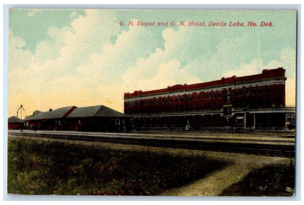c1910's G.N. Depot And G.N Hote Devils Lake North Dakota ND Antique Postcard