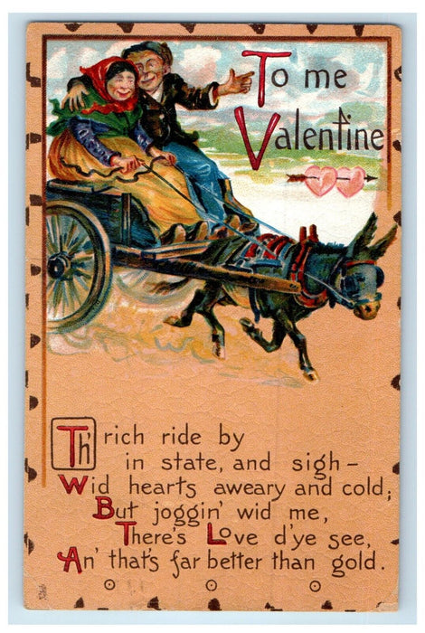 1910 Valentine Old Couple Riding Wagon And Donkey Embossed Tuck's Postcard