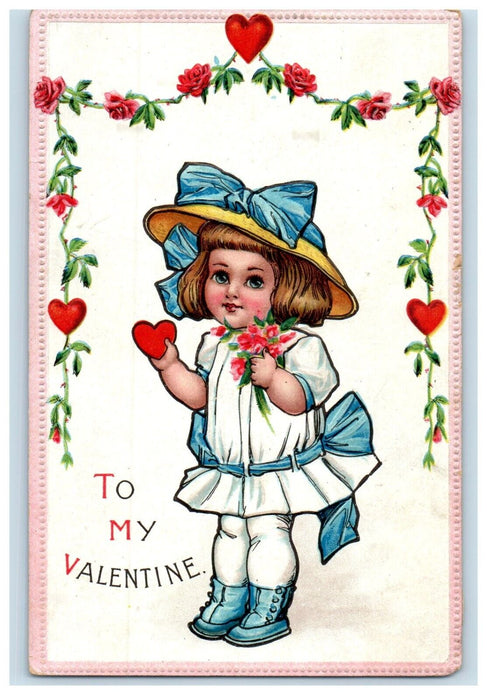 c1910's Valentine Cute Little Girl Big Hat Flowers And Heart Embossed  Postcard