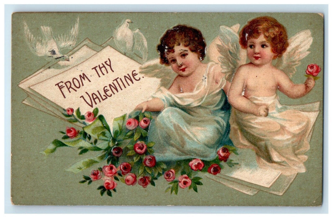 1910 Valentine Two Little Angel Cherub Dove Embossed Posted Antique Postcard