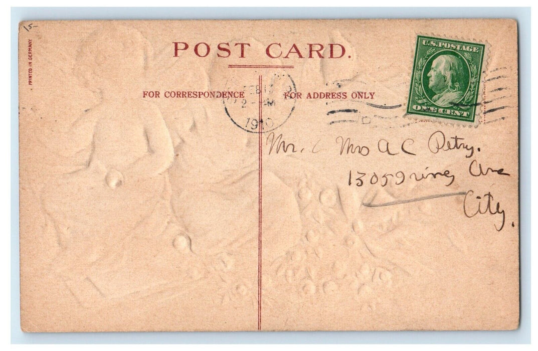 1910 Valentine Two Little Angel Cherub Dove Embossed Posted Antique Postcard