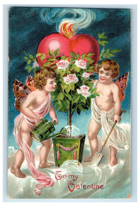 1909 Valentine Two Cherubs Butterfly Watering Pot Flowers Big Heart Postcard