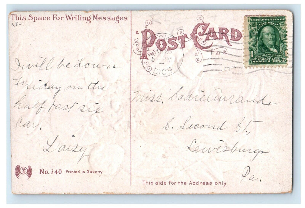 1909 Valentine Two Cherubs Butterfly Watering Pot Flowers Big Heart Postcard