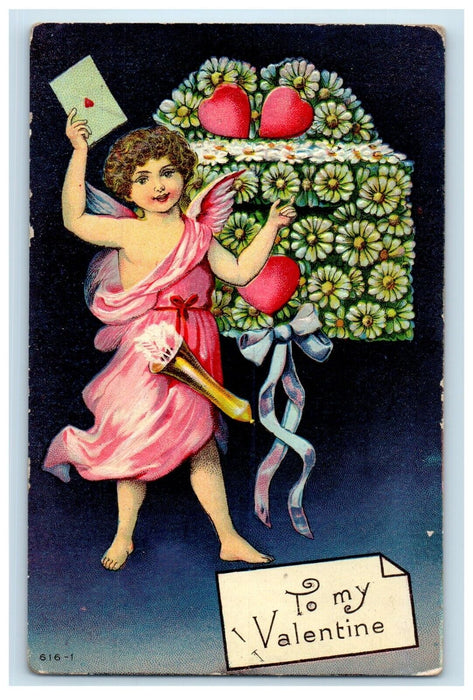 c1910's Valentine Angel With Letter Heart Flowers Ribbon Embossed Postcard