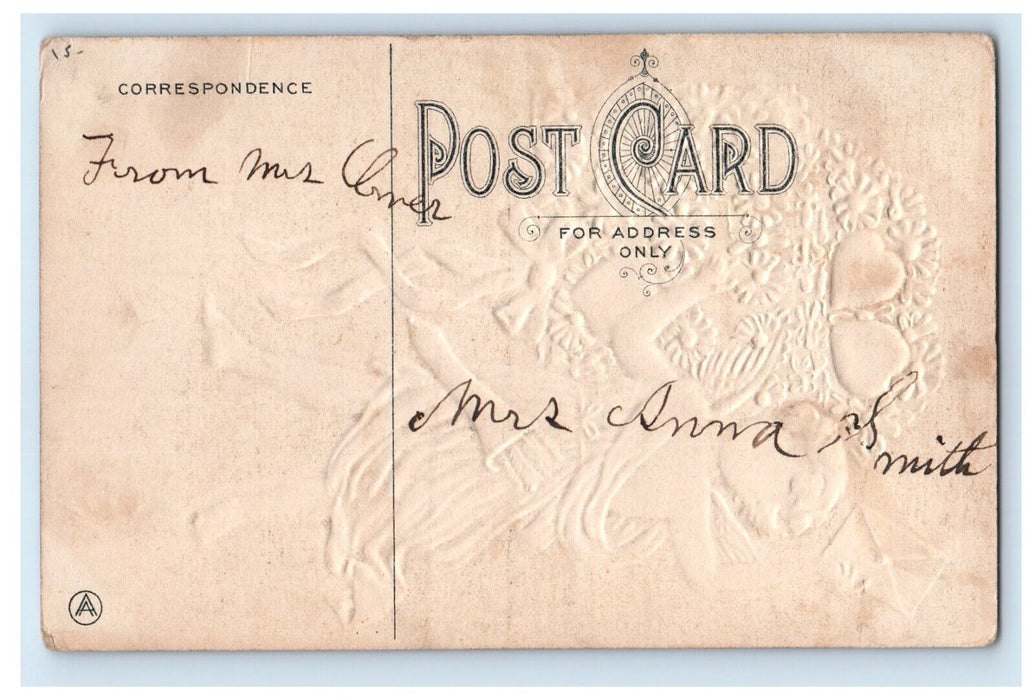 c1910's Valentine Angel With Letter Heart Flowers Ribbon Embossed Postcard