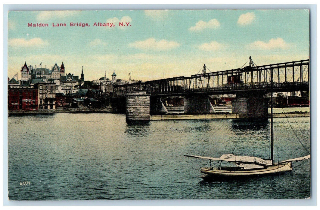 c1910 Boat Scene, Maiden Lane Bridge Albany, New York NY Unposted Postcard