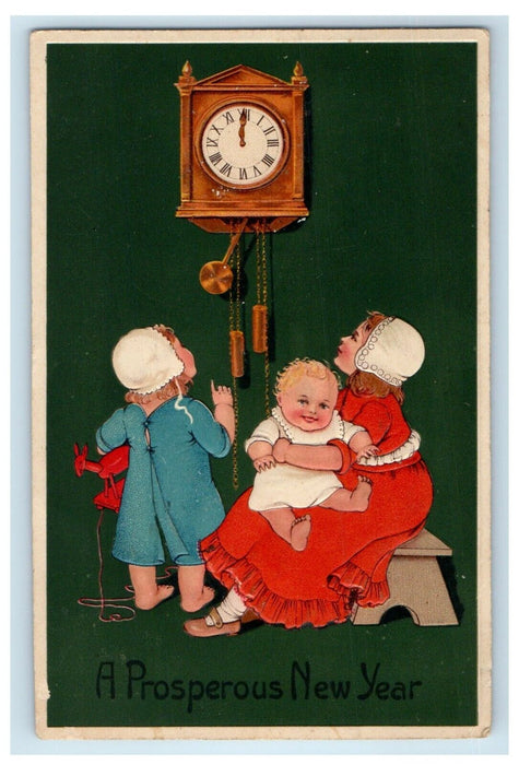 1908 New Year Mother And Child Checking Clock Time Embossed Antique Postcard