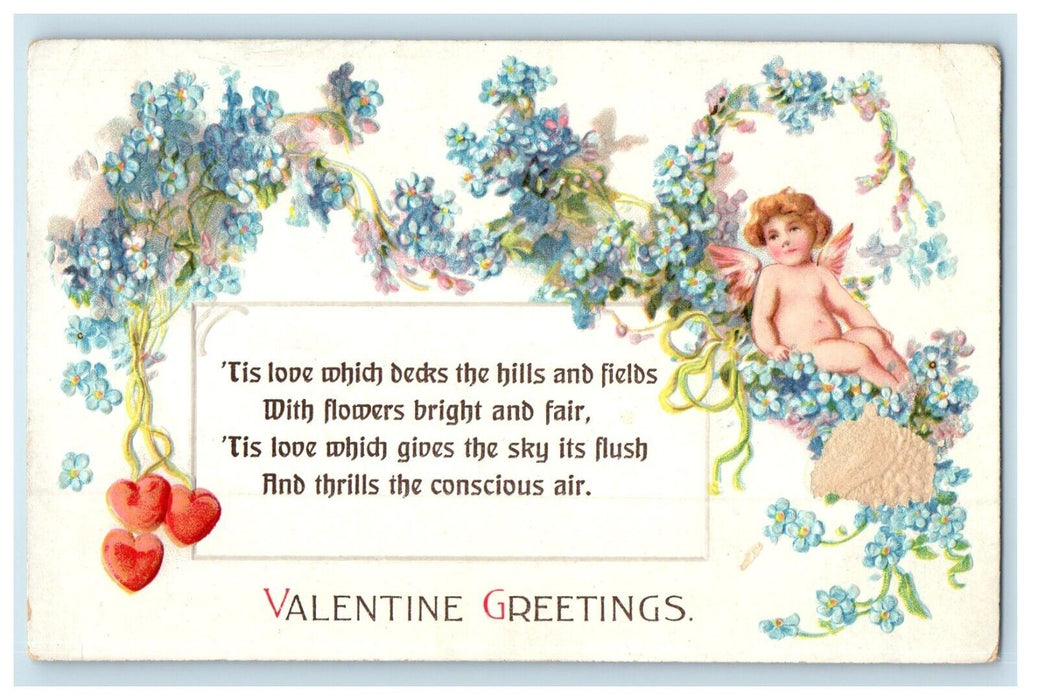 c1910's Valentine Greetings Angel Cupid Pansies Flowers Hanging Hearts Postcard