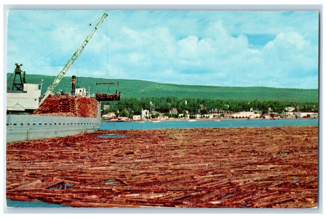 c1960's Pulp Wood Loaded on Barge Grand Marais Minnesota MN Postcard