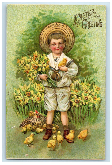 c1910's Easter Greetings Boy Holding Flowers And Chicks Embossed Postcard