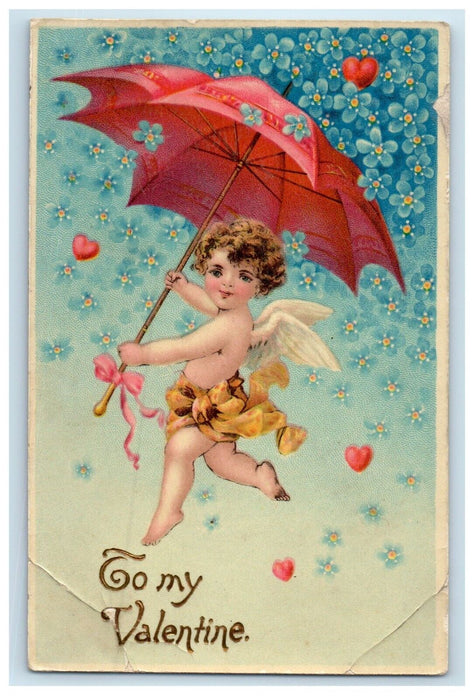 Valentine Floating Angel Cherub Umbrella Hearts Pansies Flowers Gel Postcard
