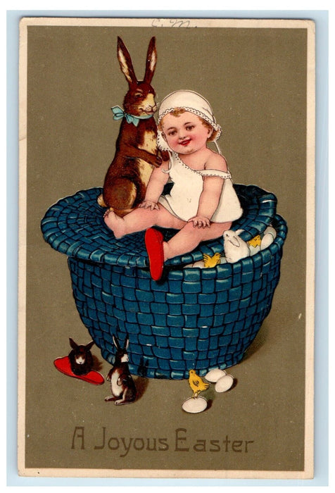 1909 Easter Cute Baby And Anthropomorphic Rabbit Basket Chicks Embossed Postcard
