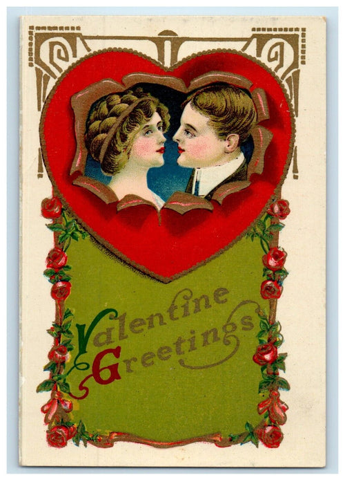 c1910's Valentine Sweet Couple Romance In Heart Flowers Gel Antique Postcard