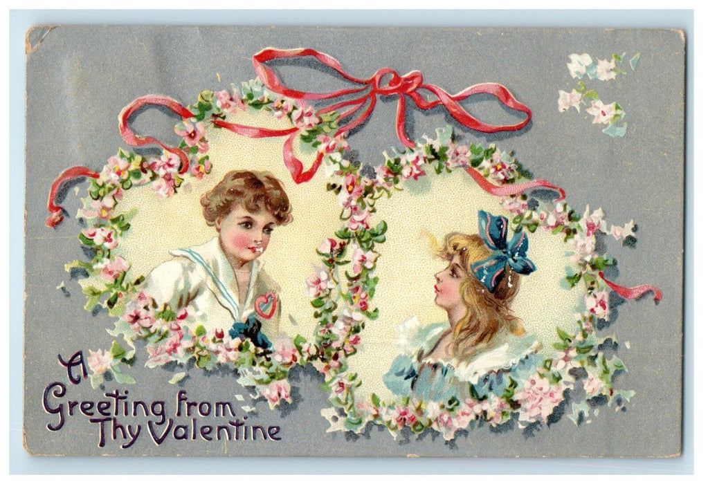 1908 Valentine Greetings Boy And Girl Hearts Flowers Embossed Tuck's Postcard