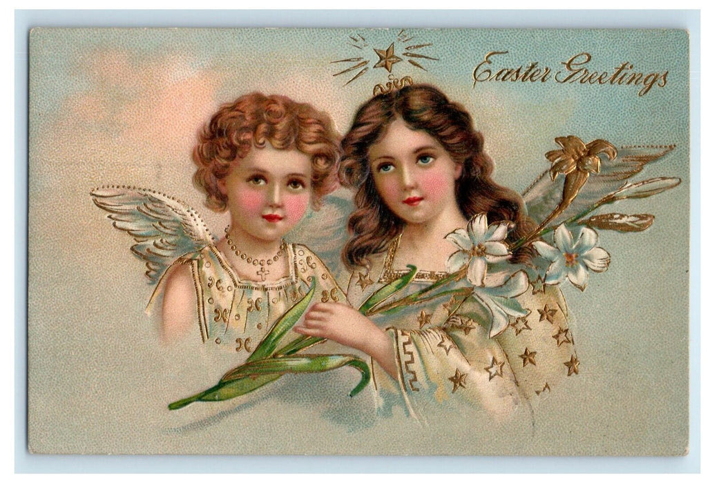 1909 Easter Greetings Two Pretty Girls Cherub Angels White Lily Flowers Postcard