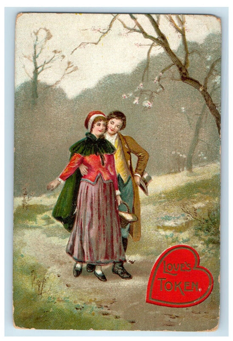 1912 Valentine Sweet Couple Love's Token Heart Flowers Embossed Antique Postcard