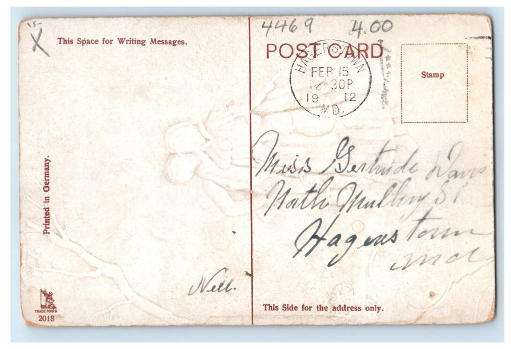 1912 Valentine Sweet Couple Love's Token Heart Flowers Embossed Antique Postcard