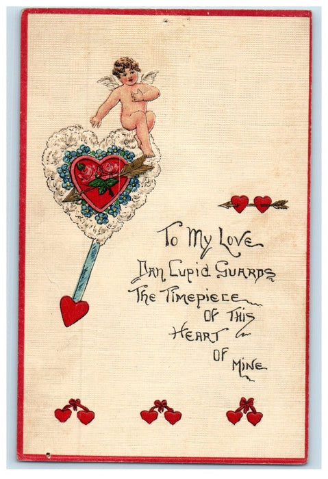 c1910's Valentine Angel Cupid Pansies Flowers Hearts Arrow Embossed Postcard