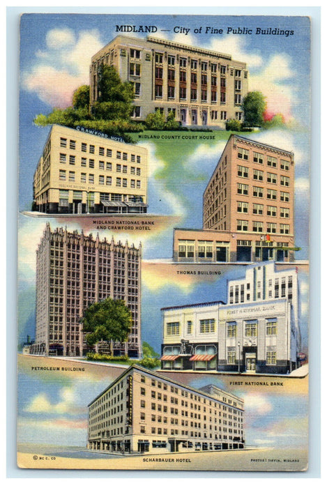 c1940s Multiview of Buildings, Midland, Texas TX Unposted Vintage Postcard