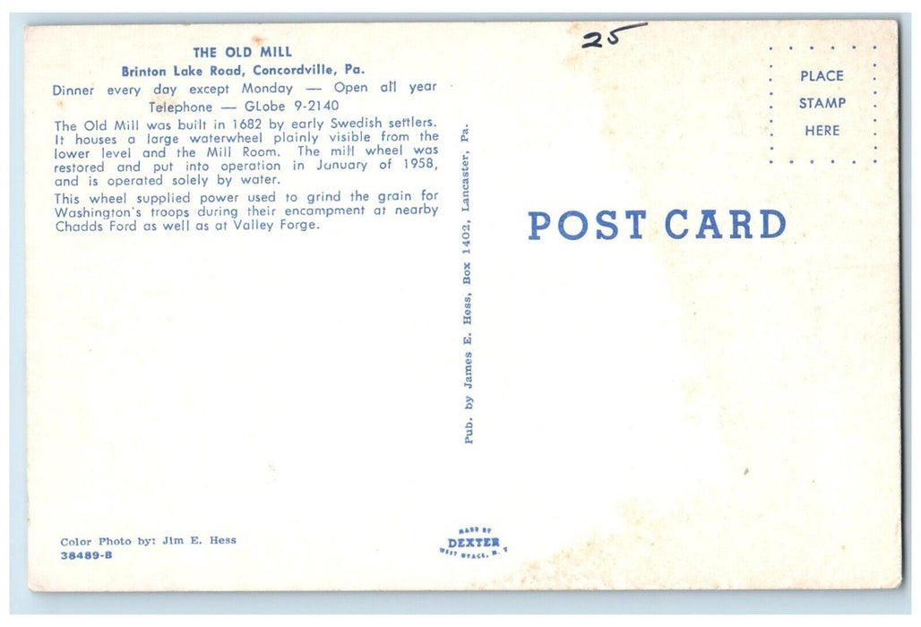 The Old Mill Brinton Restaurant Lake Road Concordville Pennsylvania PA Postcard