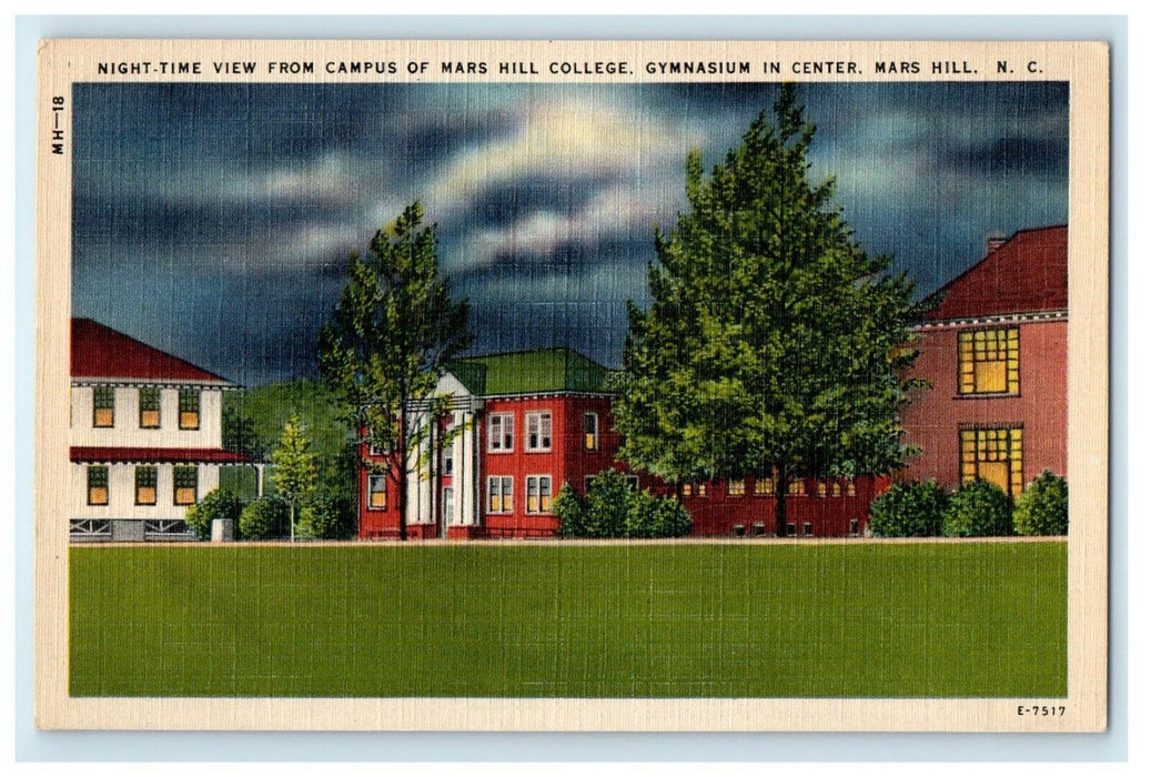 c1940's Night Time View Campus Mars Hill College Gymnasium Center NC Postcard